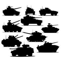 A comprehensive collection of diverse military tanks and powerful armored vehicles, depicted as stark black silhouettes, symbolizing ground combat, army defense, and modern warfare