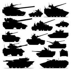 Silhouettes of Military Tanks Heavy Armor and Vehicle Vector Graphics