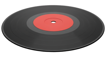 Black vinyl record with red center label, angled slightly against black backdrop