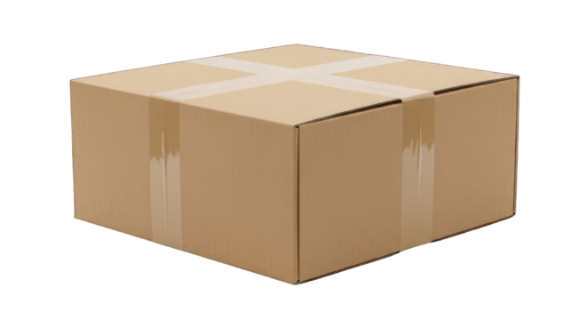 Cardboard box, sealed with tape, casting a shadow on dark background