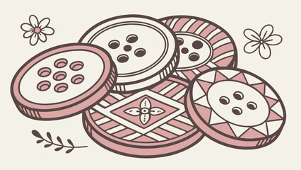 Cute Pink Decorative Buttons and Flowers Vector Illustration. Hand Drawn Sewing and Crafting Embellishments for DIY Projects, Creative Design, and Hobbies.