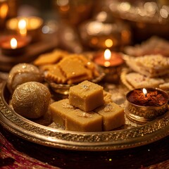 Holiday sweets, close-up of a festive brass tray with laddoo, barfi, and jalebi, surrounded by small diyas, warm soft ambient light highlighting textures