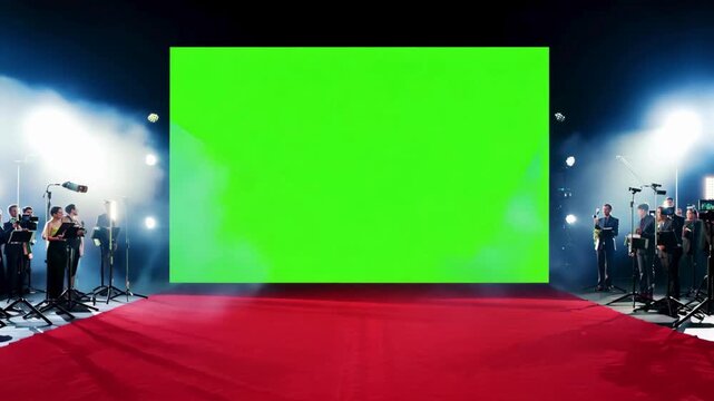 A cinematic and luxurious video of a red carpet event space with a central green screen, framed by spotlights and a crowd of people in formal attire, perfect for a high-end awards show mockup