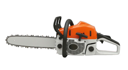 Chainsaw with orange & white casing, black handle and blade