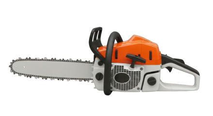 Chainsaw with orange & white casing, black handle and blade
