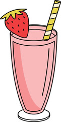 A vibrant hand drawn illustration of a tall glass filled with a creamy pink strawberry milkshake topped with a fresh red strawberry and a striped straw