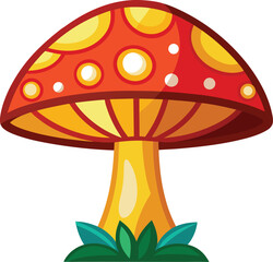 Whimsical cartoon mushroom with red cap and yellow stem and green leaves