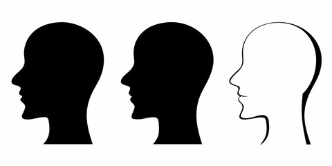 Three profile silhouettes of human heads one white outline and two black solid shapes on white background