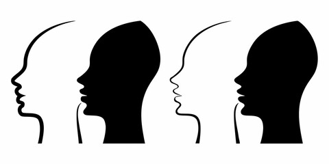 Abstract black and white profile silhouettes of human faces in contrast and opposition
