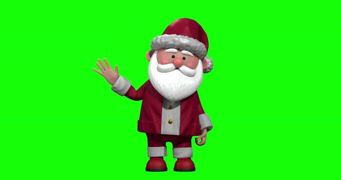 3D Cartoon Santa Claus Waving Animation with a green screen background with a luma matte in the end.
