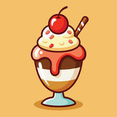 Delicious cartoon illustration of a tall glass sundae overflowing with creamy vanilla ice cream topped with strawberry sauce and a bright red cherry and a wafer stick on a warm orange background