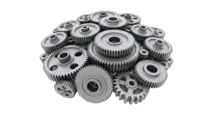 Collection of interlocking metallic gears in a dense ball, isolated on black