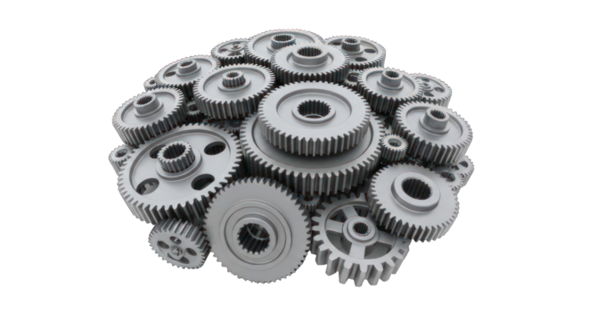 Collection of interlocking metallic gears in a dense ball, isolated on black