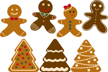Charming Christmas baking clip art bundle featuring four gingerbread people and three decorated gingerbread Christmas trees in a warm, traditional color palette.