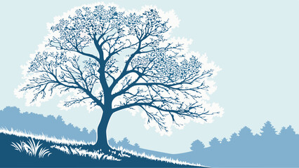 Minimalist Frosty Winter Landscape with Bare Tree Vector Illustration Serene Blue Nature Background Design Tranquil Cold Season Graphic