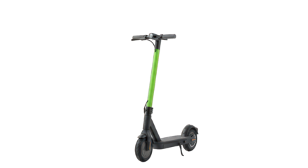 Electric scooter with gray frame and neon green stem, on black