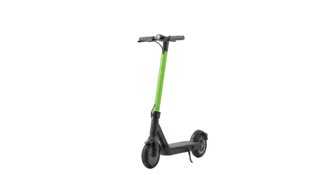 Electric scooter with gray frame and neon green stem, on black