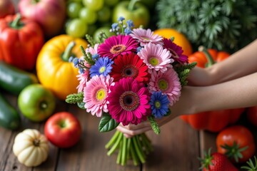 Obraz premium A Vibrant Bouquet of Flowers Held by a Human Hand, Surrounded by Assorted Fruits and Vegetables on a Wooden Table