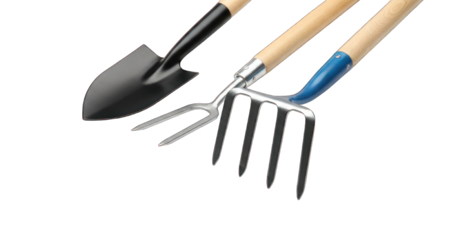 Gardening tools spade, fork, and rake, arranged on black background