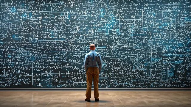 A scientist man stands in front of an enormous blackboard covered in intricate mathematical equations in a contemporary educational setting