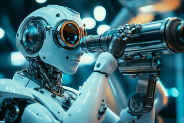Generative AI concept of futuristic robot exploring universe through telescope and learning about space stars and astronomy