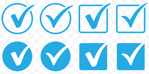 Check box icon with correct, accept checkmark icons tick box checked. Blue check mark vector icon set. approved, success icon, correct sign, done icon.