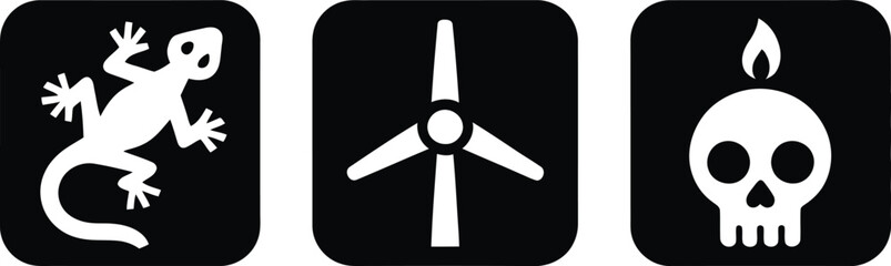 Icons of lizard, wind turbine, and skull.