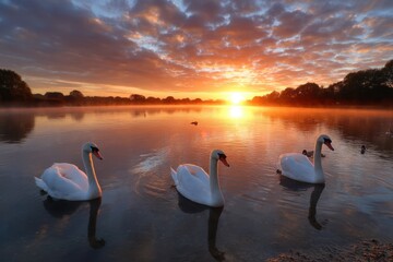 Swans gracefully glide on a tranquil lake at sunrise surrounded by mist and colorful clouds