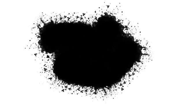 Black ink drops splash and spread in an organic liquid transition. Abstract 4K footage isolated on a black background for reveals and matte effects.
