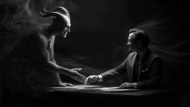 A man sits at a table making a deal with a devil, handshaking in a shadowy environment, showcasing an intense exchange