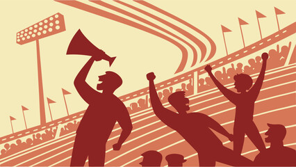 Excited Sports Fans Cheering Loudly in Stadium with Megaphone for Event Marketing and Fan Engagement