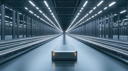 The interior of a high-tech automated warehouse, with robotic shelves and conveyors moving in a blur of efficiency, vast scale, volumetric lighting from high windows.