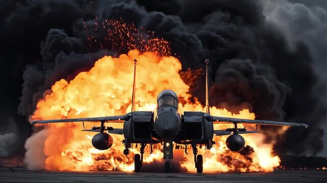 A military fighter jet launches from an airfield, surrounded by flames and thick smoke, showcasing extreme power and precision