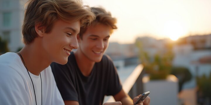 Two caucasian teen males enjoying smartphone on rooftop at sunset - Powered by Adobe