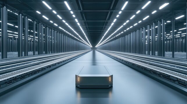 The interior of a high-tech automated warehouse, with robotic shelves and conveyors moving in a blur of efficiency, vast scale, volumetric lighting from high windows.