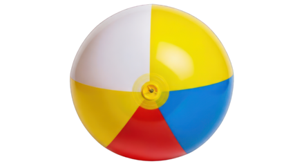 Multicolored beach ball (white, yellow, red, blue) with valve on dark backdrop