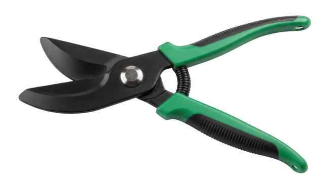 Open pruning shears with black blades and green handles, against black background