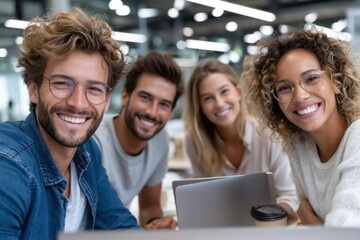 Group of friends enjoying a collaborative work session in a modern office setting