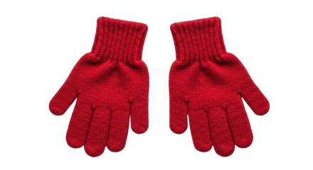 Pair of red knitted gloves, fingers spread, wrist detail visible