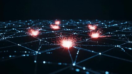 Digital network grid with data flow developing into breaking particles. Abstract visualization of information processing and cyberattack. - Powered by Adobe
