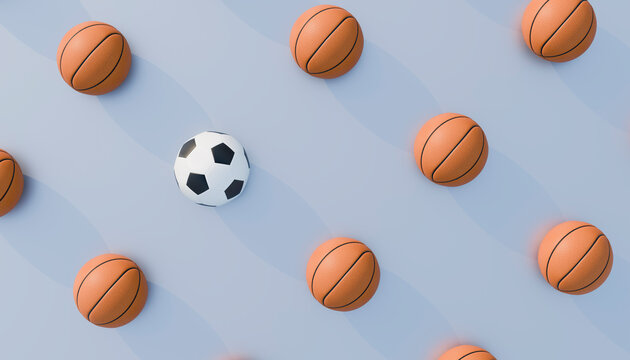 3D render of a pattern featuring footballs and basketballs.