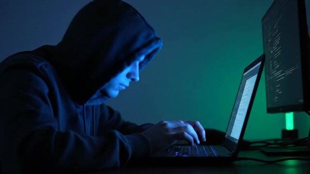 Hooded male hacker typing on a laptop with glowing screen in a dark room with an additional monitor, cybersecurity concept footage. - Powered by Adobe
