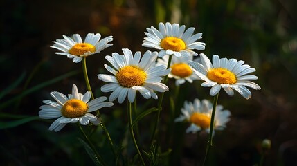 Fototapeta premium Delicate white daisy flowers bloom in soft sunlight with dark foliage.