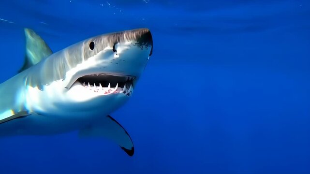Great white shark underwater, close-up view of the head and upper body