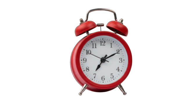 Red alarm clock with a white face isolated on a solid black background