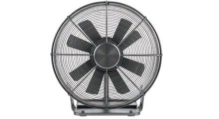 Round metal fan with grid cage and dark blades on a plain background