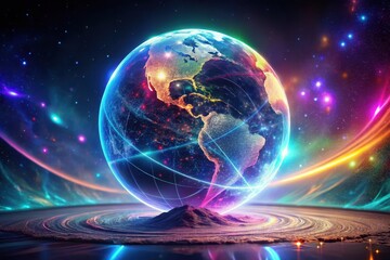 Obraz premium A luminous globe, vibrant with interconnectedness, rests upon a cosmic mountain, bathed in ethereal light and swirling nebulae