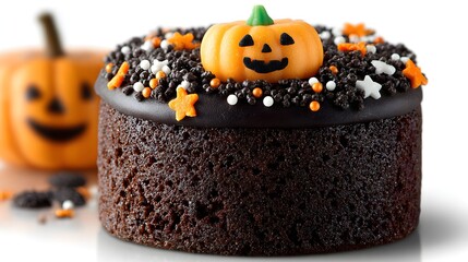 Mini chocolate cake topped with Halloween sprinkles and a small fondant jack-o&rsquo;-lantern, isolated on white background