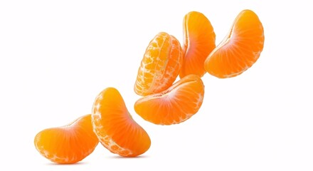 Collection of fresh peeled tangerine or mandarin orange segments, isolated on a white background for healthy eating and vitamin C concepts.