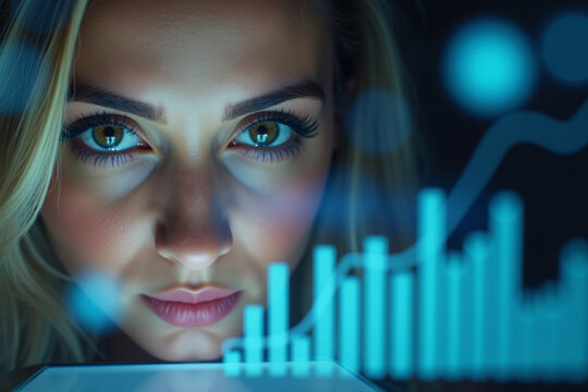 Innovative Photo Concept: Close-up of Woman's Eyes Reflected in Digital Tablet Screen with Superimposed Graph